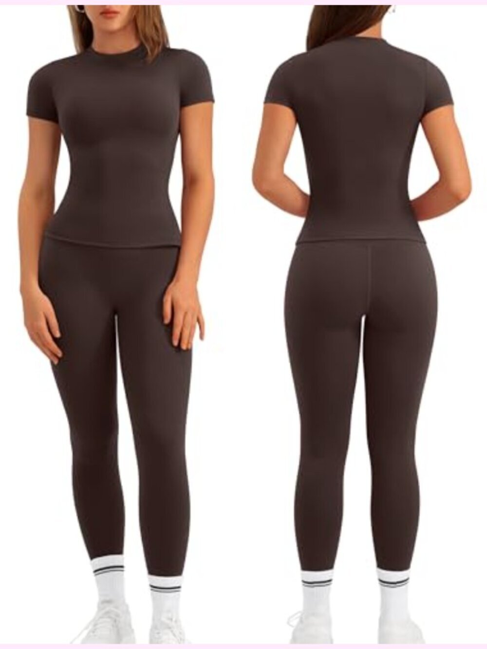 Two Piece Workout Set Short Sleeve Shirt High Waist Leggings Yoga Gym Set
